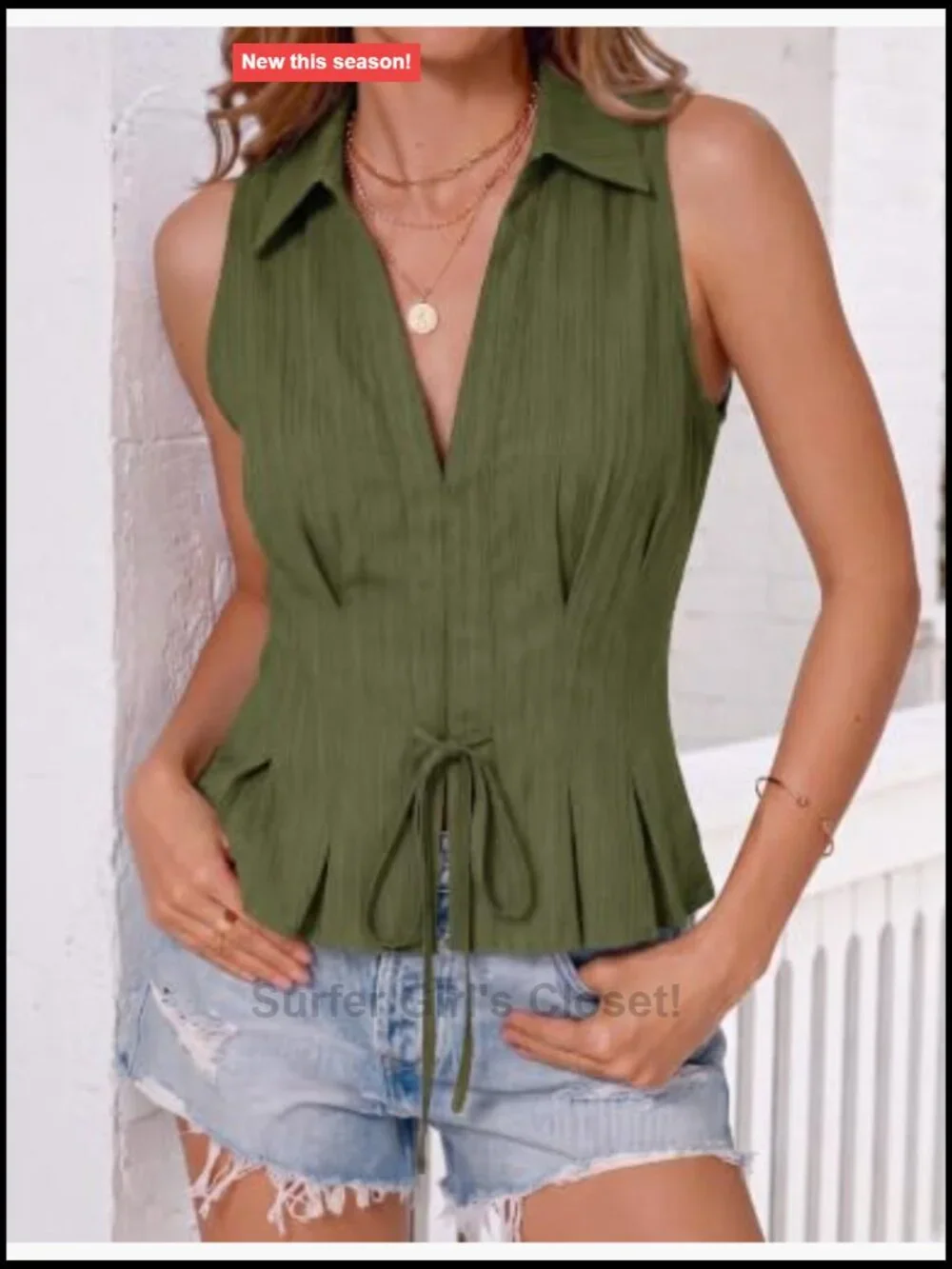 Women Sleeveless V Neck Tank Tops Knot Front Blouses Fitted Summer Tops